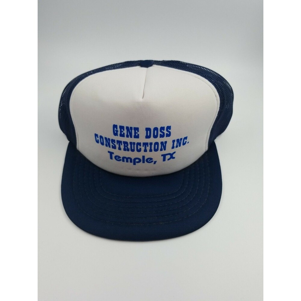 Vintage Gene Doss Construction 1983 Trucker Hat Temple Texas Navy Blue Mesh H1